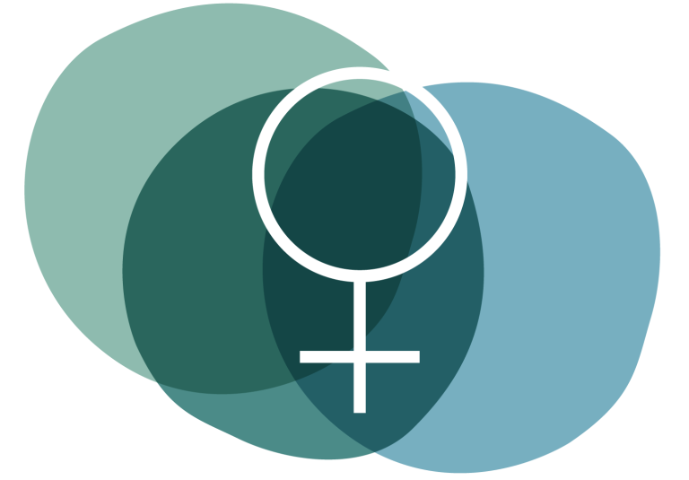 ADHS bei Frauen Grafik für ADHS bei Frauen: Im Hintergrund liegen drei Kreise, darüber ist ein stilisiertes Symbol für das weibliche Geschlecht